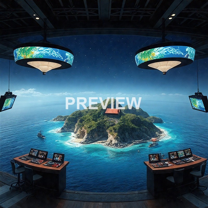 The image shows a control room with multiple screens and monitors facing a large panoramic window displaying a scenic view of a lush island surrounded by the ocean, with two large circular digital displays hanging from the ceiling and a starry night sky above.